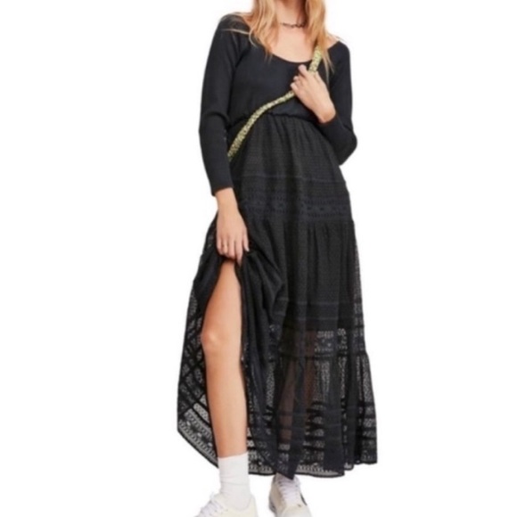Free People Earth Angel Black rib knit swiss dot lace  Maxi Dress size L - Picture 4 of 17